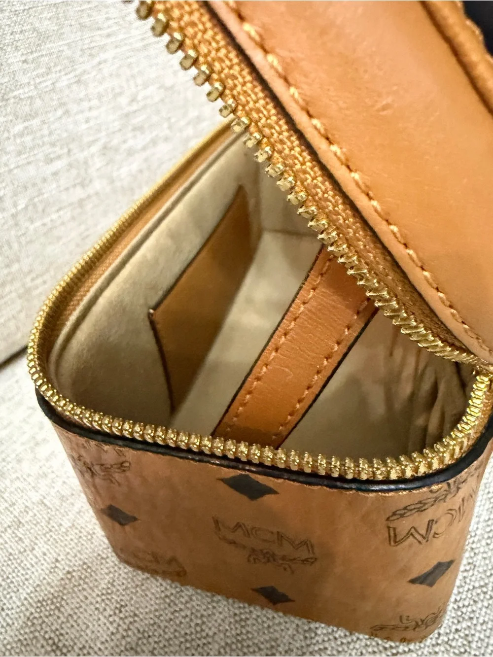 MCM Cognac Logo Visetos Leather Vanity Bag with Gold Hardware
